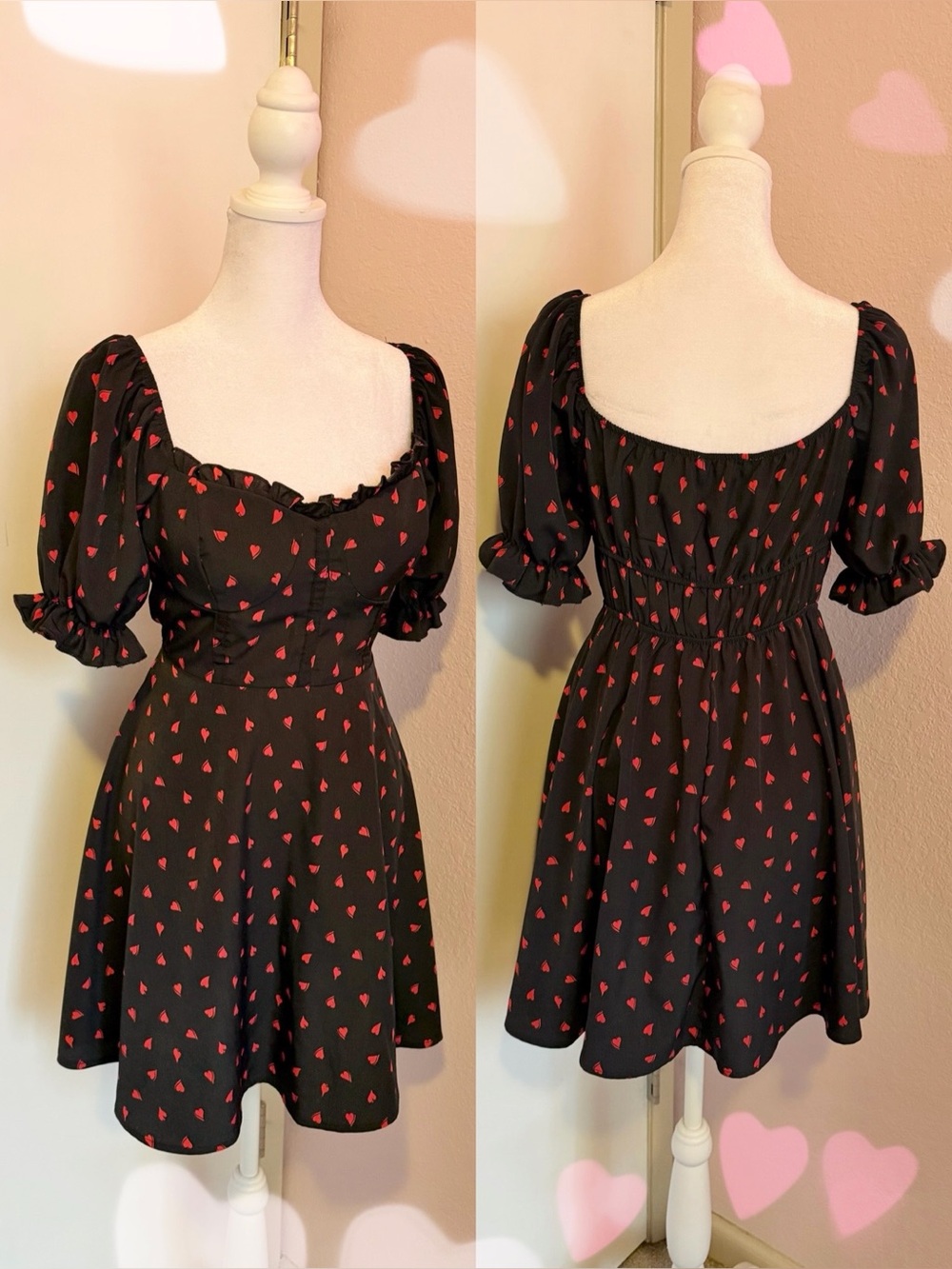 Red Hearts Sweetheart Neckline Puff Sleeve Corset Waist Cottage-core Dress